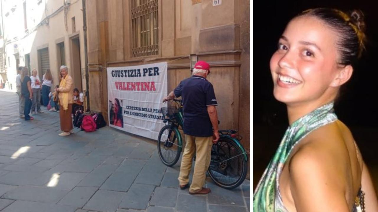Lo striscione fuori dal tribunale e Valentina Tolomei