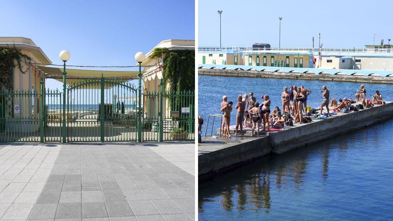 
	Il cancello chiuso dei bagni Pancaldi e il moletto di San Jacopo il 22 settembre (foto Stick)

