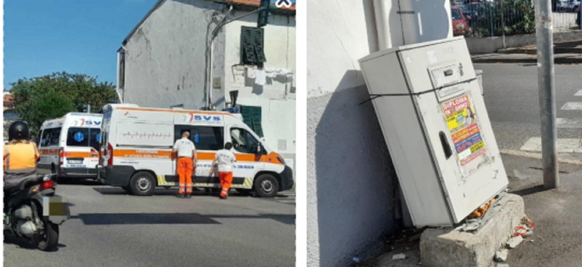 I soccorsi dopo l'incidente e l'armadio telefonico distrutto