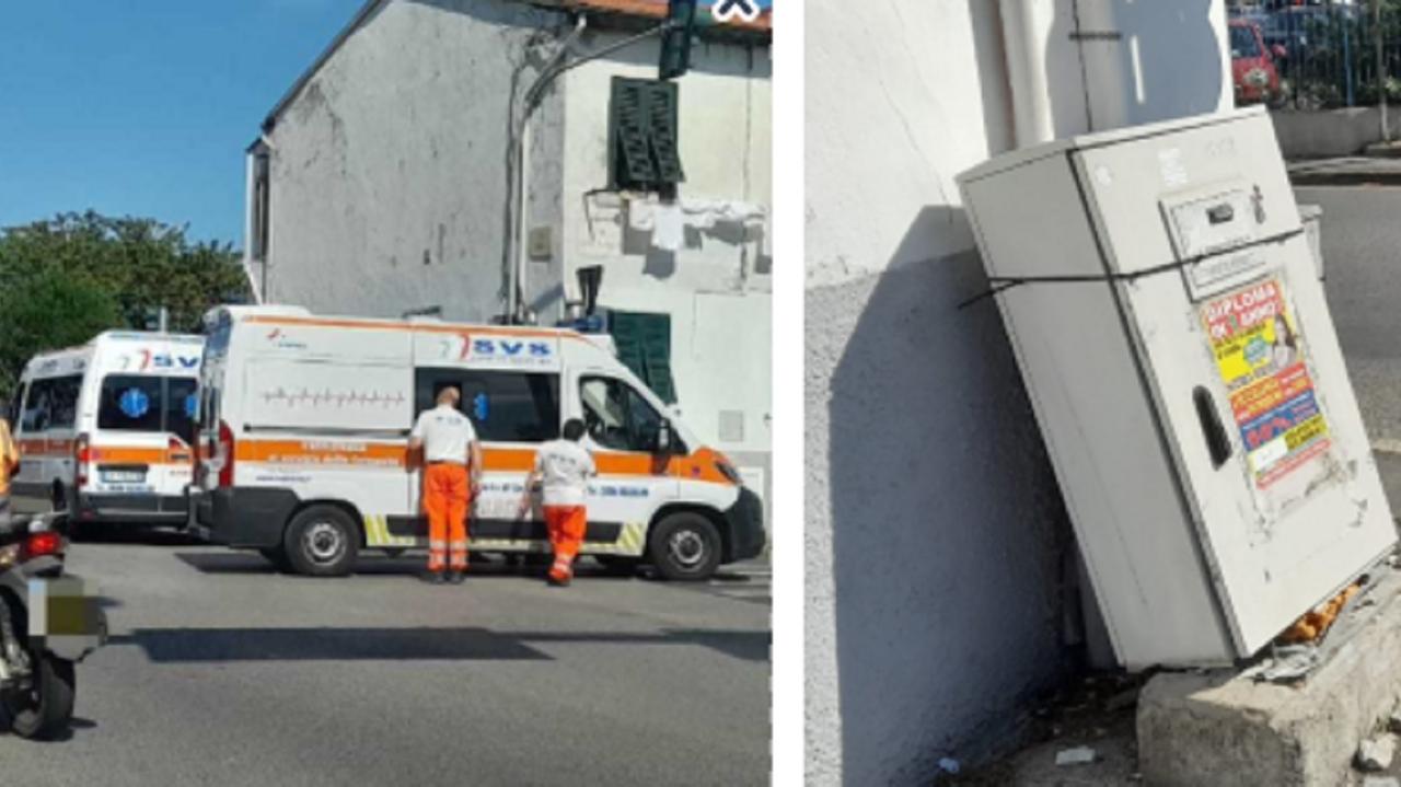 I soccorsi dopo l'incidente e l'armadio telefonico distrutto
