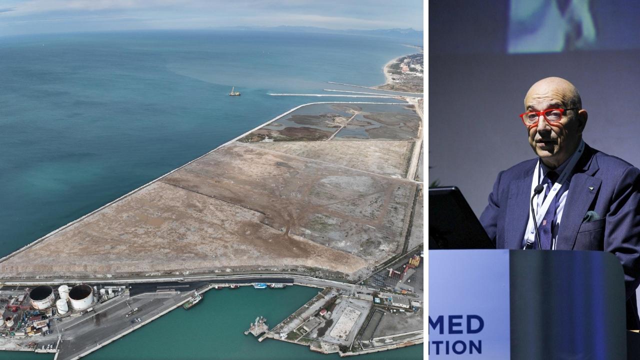 
	Il cantiere della Darsena Europa visto dell'alto ed Emuanele Grimaldi, ad del gruppo partenopeo

