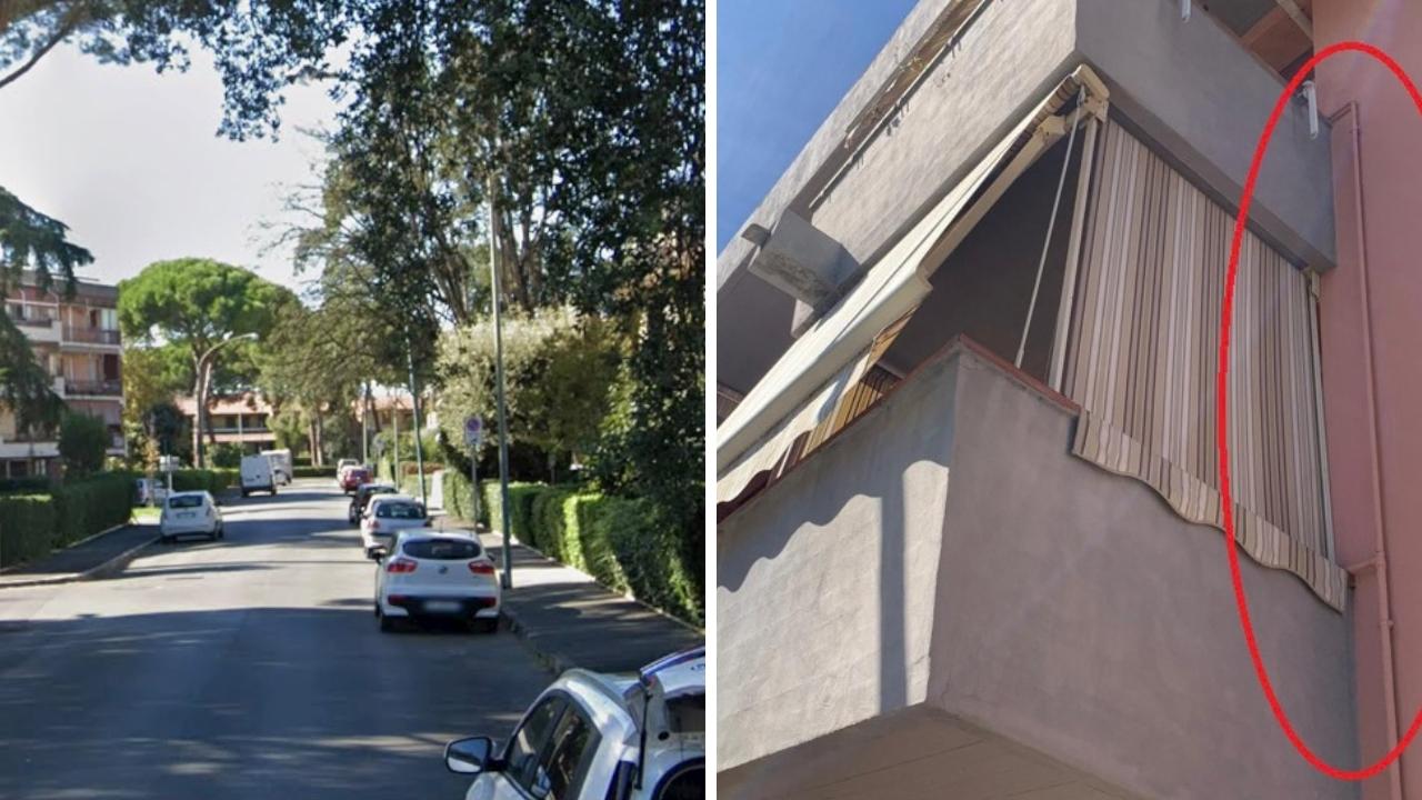 Via Mercurio e il palo (nel cerchio rosso) su cui si è arrampicato il ladro 