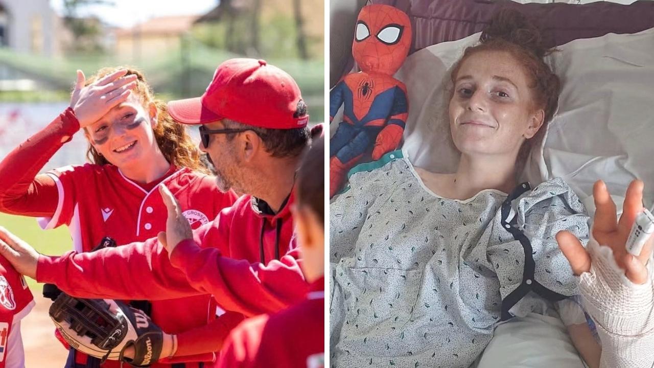 Giorgia Franceschelli con la maglia del Bsc Grosseto e nella foto inviata dall'ospedale 