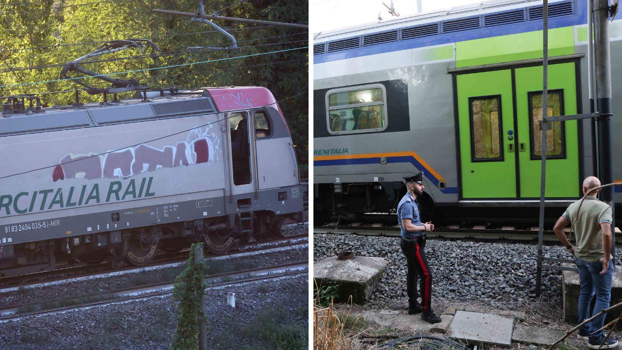 
	A sx il treno merci della Cfi dopo lo svio che ha preceduto il contatto con il convoglio diretto a Montevarchi, a dx Il Regionale 18841 fermo sui binari dopo l&rsquo;urto

