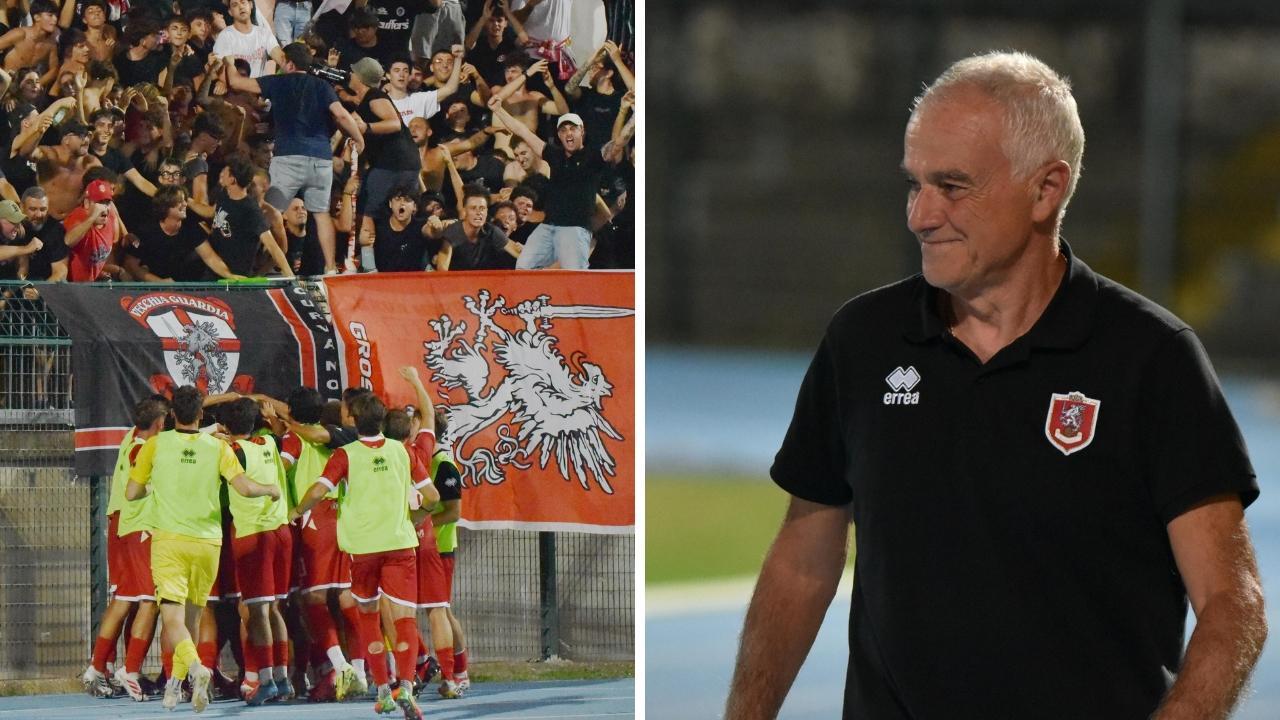 
	Il gruppo biancorosso sotto la Curva Nord e il tecnico Paolo Indiani (foto Agenzia Bf)

