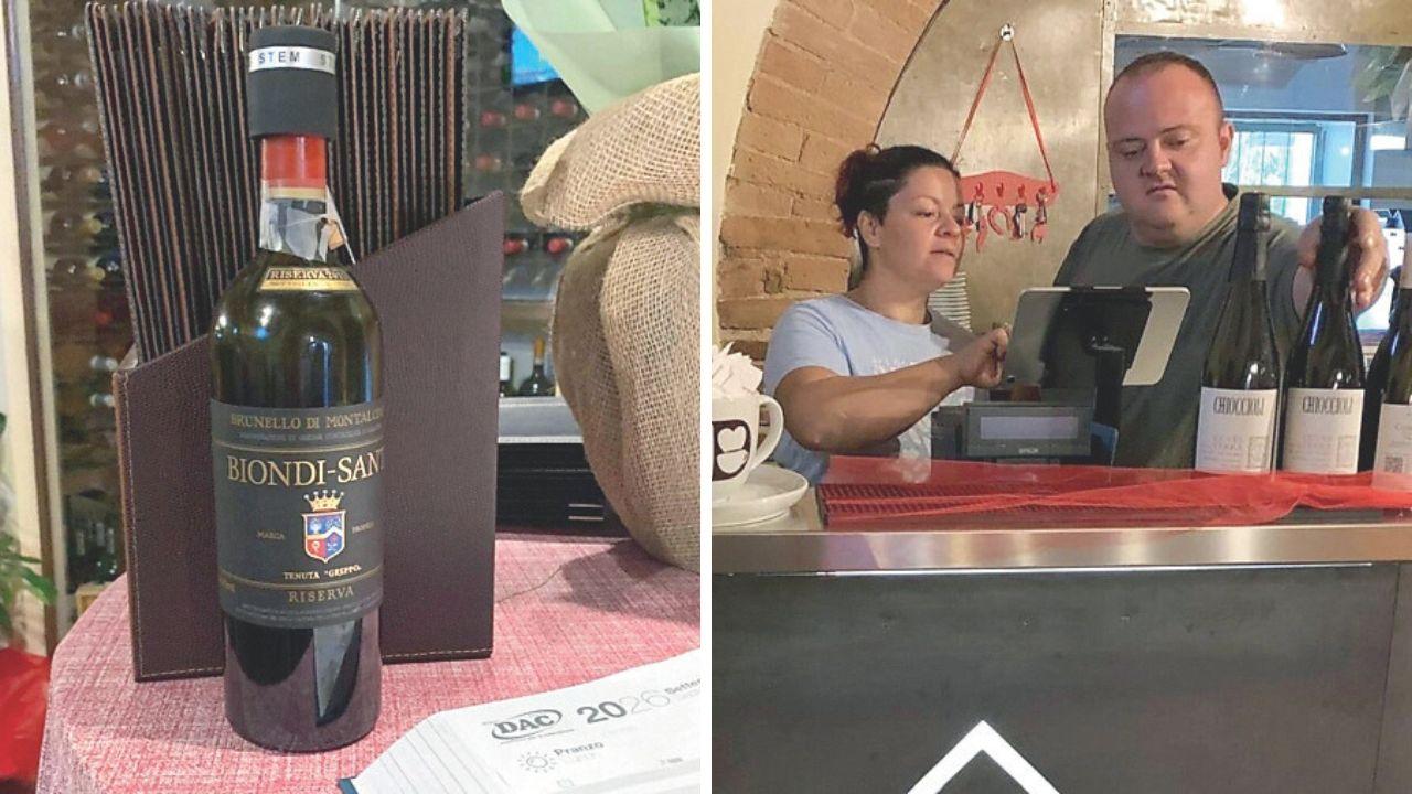 
	Da sx il&nbsp;Brunello bevuto dai clienti e non pagato nella trattoria in cui lavorava la coppia,&nbsp;la coppia Di Meo e Riga nel nuovo ristorante

