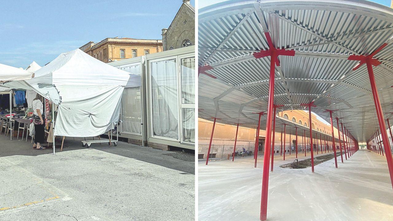 
	A sx&nbsp;alcuni dei box e dei gazebo sistemati lungo gli scali Saffi (foto Stick), a dx la maxi tettoia in via Buontalenti

