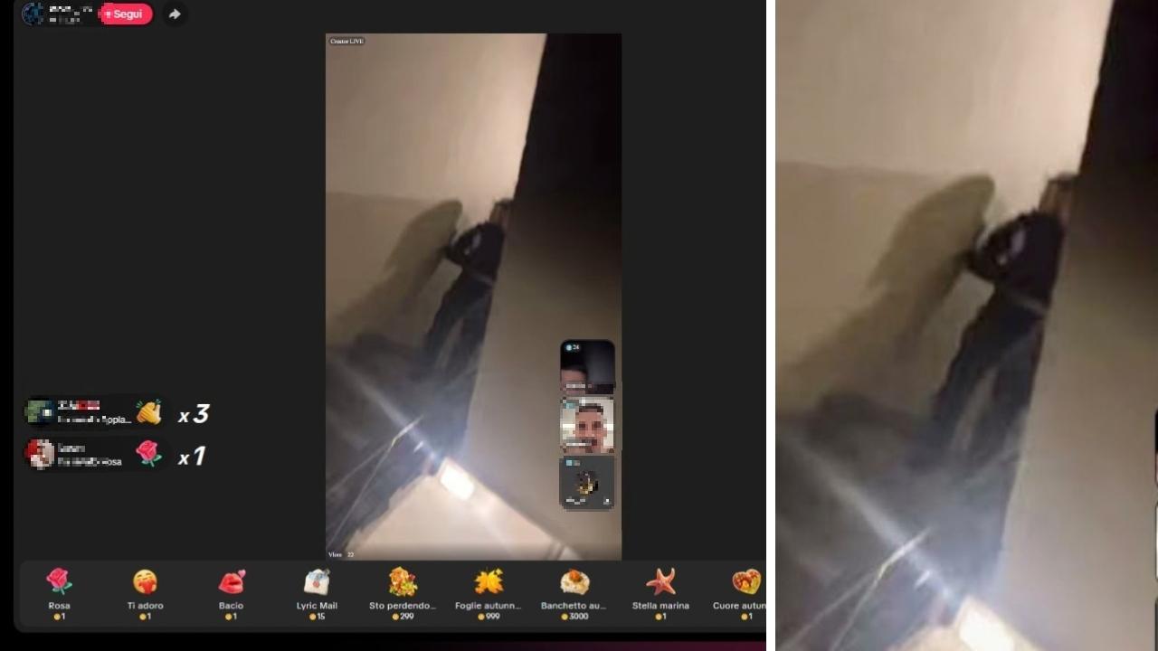 
	La diretta su Tik Tok da parte del detenuto e a destra gli agenti in assetto anti sommossa

