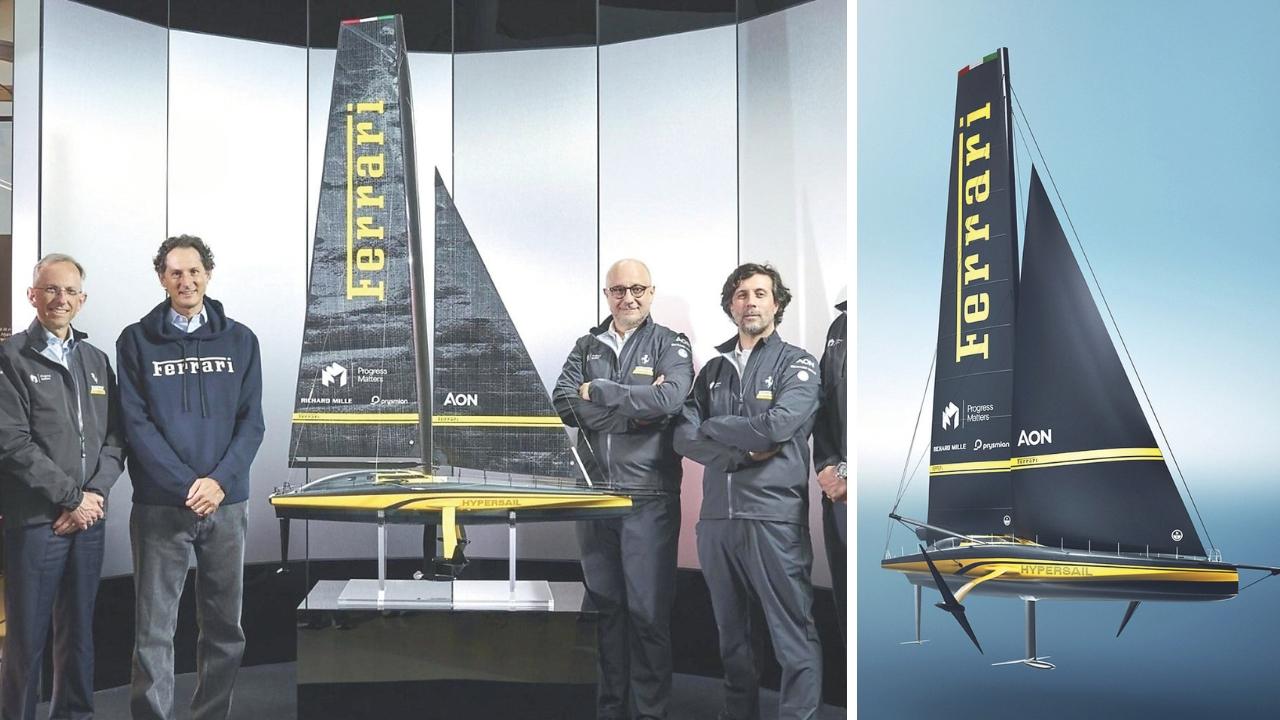 A sinistra l’ad e il presidente della Ferrari, rispettivamente Benedetto Vigna e John Elkann; a destra la barca Ferrari