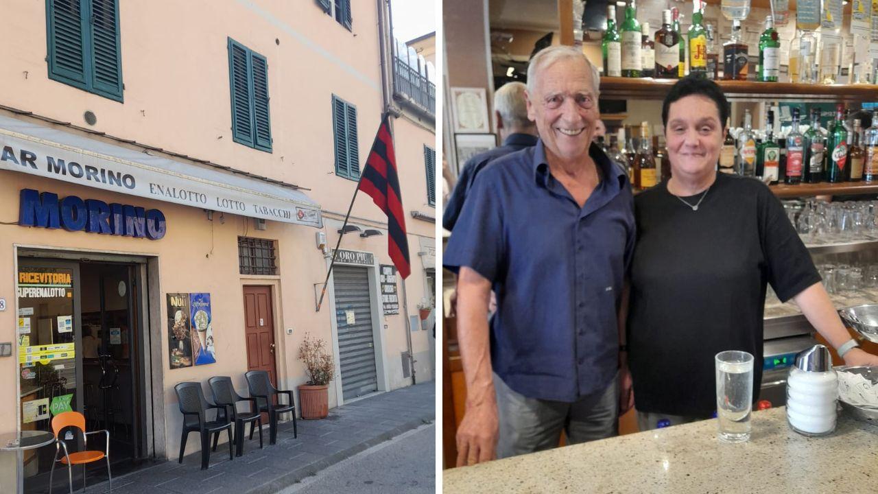 Il bar Morino con la bandiera della Lucchese appesa per ogni vittoria, a dx Sergio Marchetti con Paola Profili