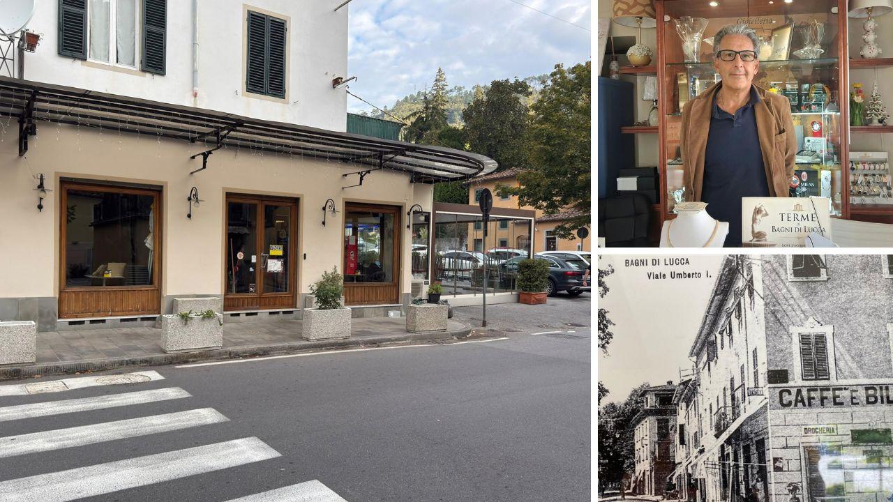 Il bar con affisso, sull’esterno, il cartello vendesi, a destra in alto Renato Tomei e, sotto, un’immagine storica del locale