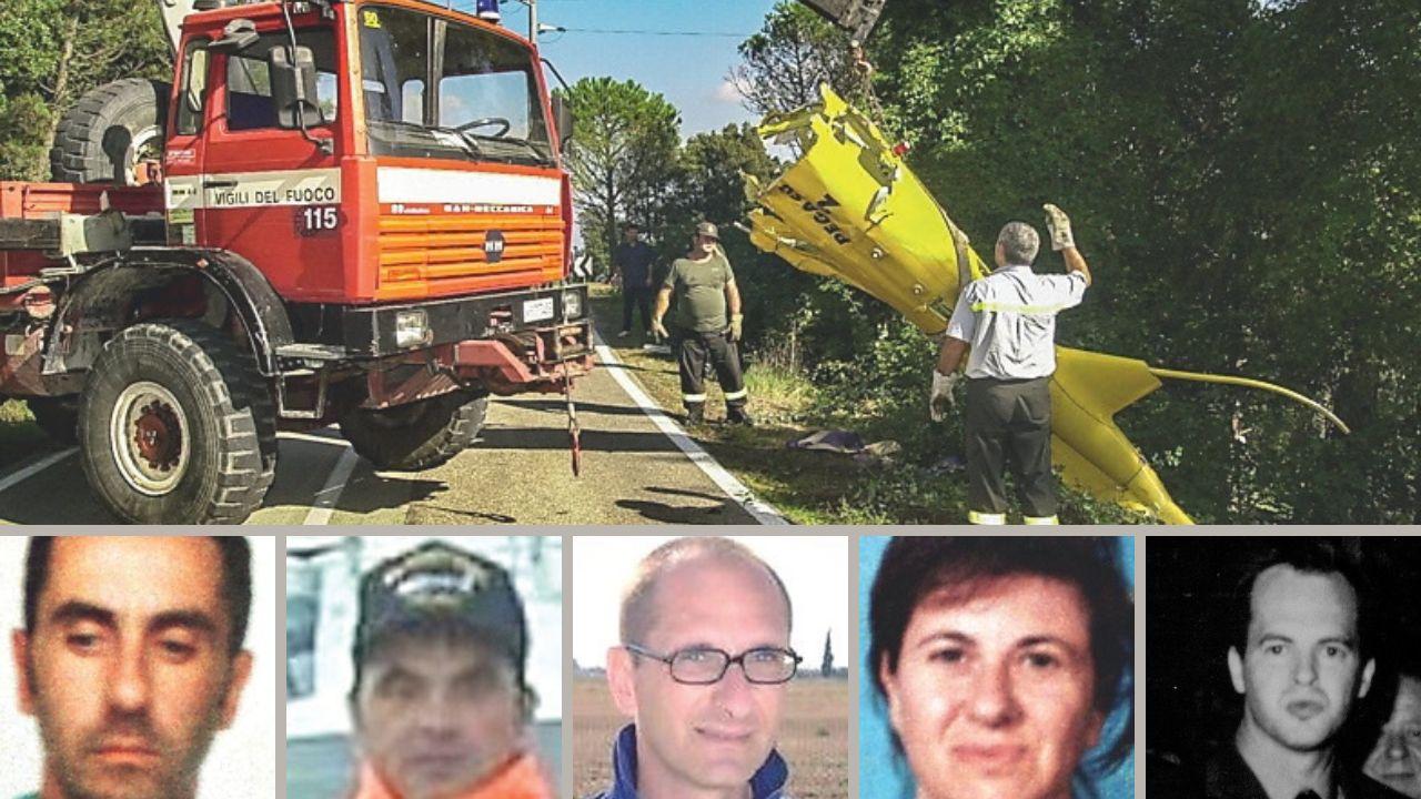 
	I resti dell'elisoccorso precipitato (Agenzia Bf) e le vittime

