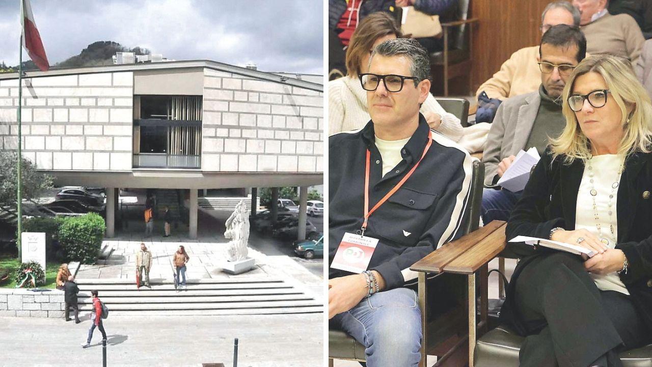 A sx il palazzo comunale, a dx Serena Arrighi e il segretario comunale del Pd Luca Barattini