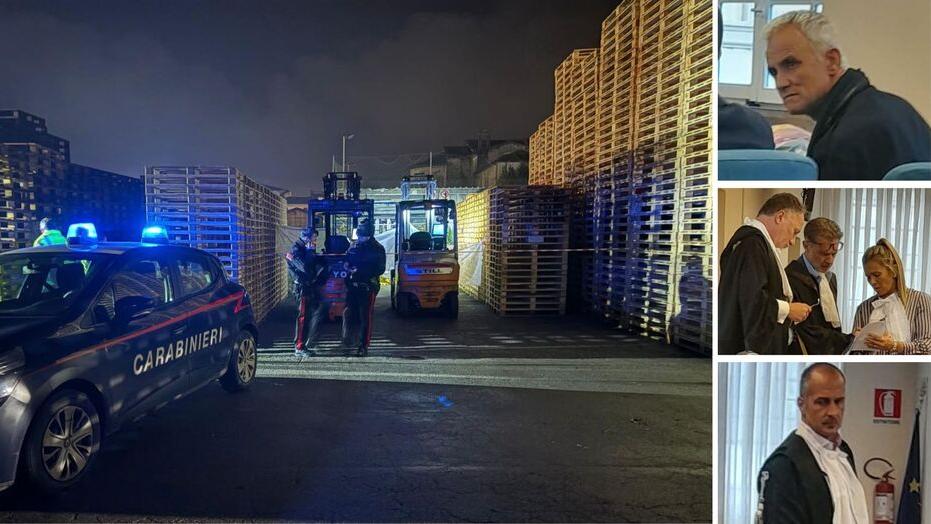 Il piazzale teatro del delitto, Marjan Pepa; gli avvocati Treggi e Maffei e in basso il legale Vetere