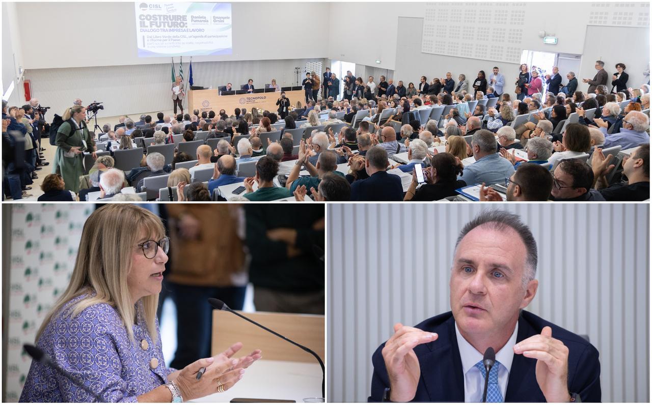 Il Tecnopolo gremito per il convegno, sotto Daniela Fumarola ed Emanuele Orsini 