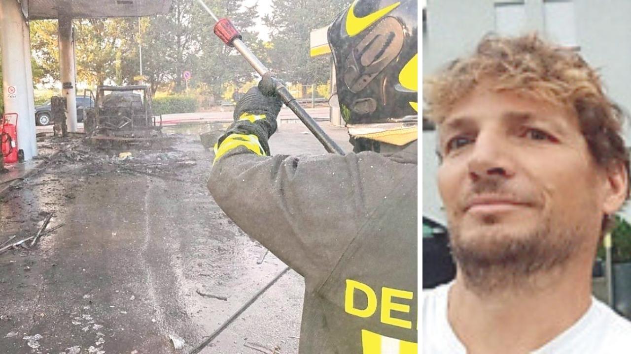 I vigili del fuoco mentre spengono l'incendio e la vittima, Rolando Russo 