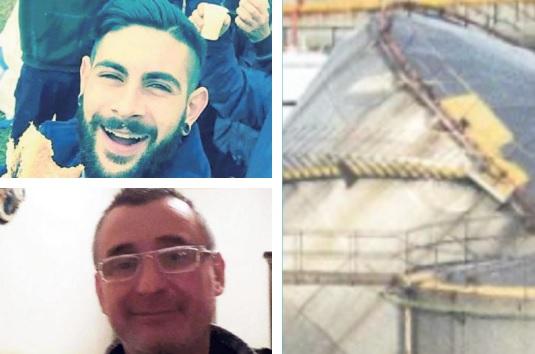 Le due vittime Lorenzo Mazzoni e Nunzio Viola. A destra la cisterna dei Depositi Costieri Neri distrutta