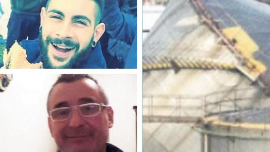 Le due vittime Lorenzo Mazzoni e Nunzio Viola. A destra la cisterna dei Depositi Costieri Neri distrutta