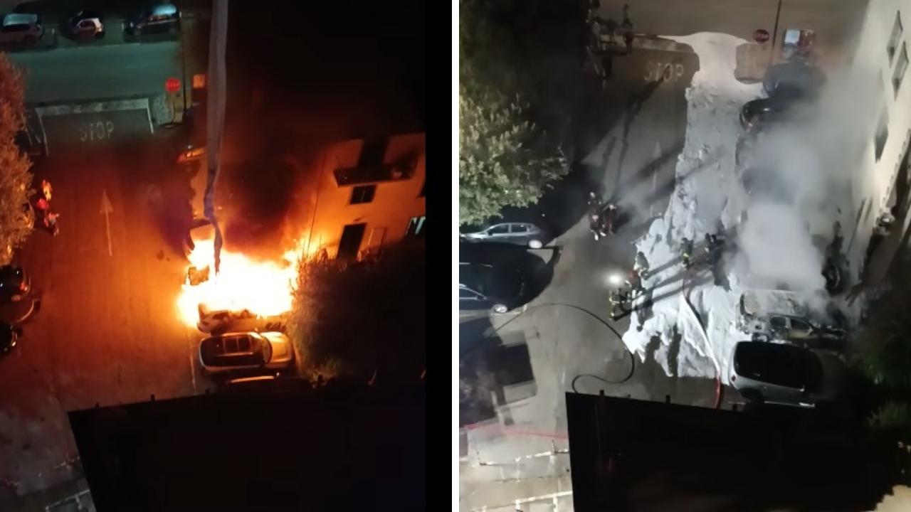 
	Le fiamme dell'incendio e le auto carbonizzate&nbsp;

