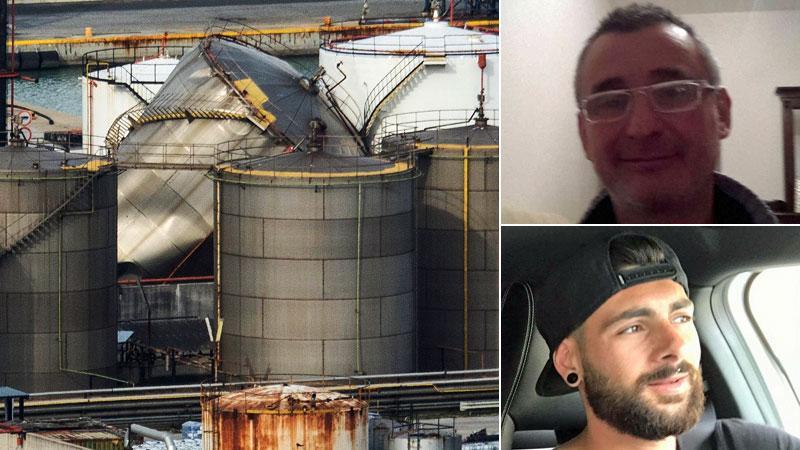 Una scena dell'incidente e i due operai uccisi dall'esplosione