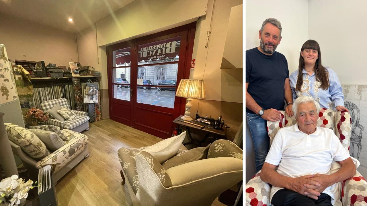 La Tappezzeria Bianchi e a dx il fondatore Gian Piero, con il figlio Paolo e la nipote Giulia 