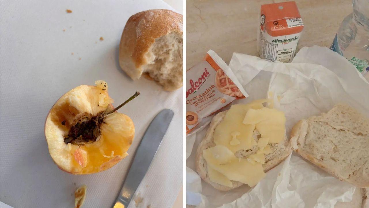 Uno dei panini dati ai bambini ieri mattina e, a destra, una mela marcia consegnata nei giorni scorsi