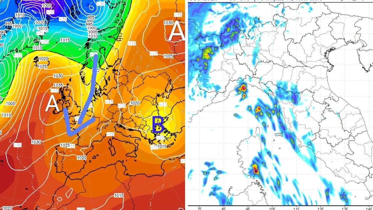 
	L'evoluzione meteo sulla Toscana; a destra la pioggia prevista domenica 18 ottobre

