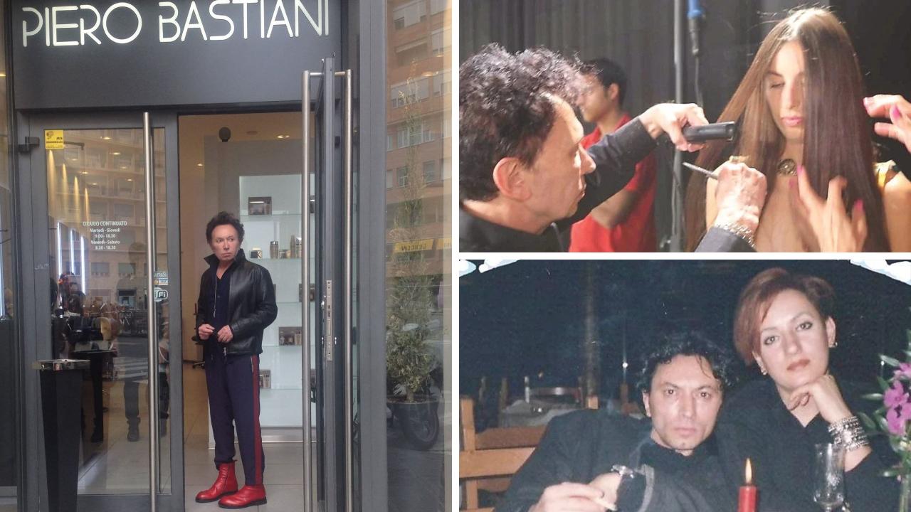 
	Piero Bastiani nel suo negozio, a destra con una modella e sotto con la moglie Fiore

