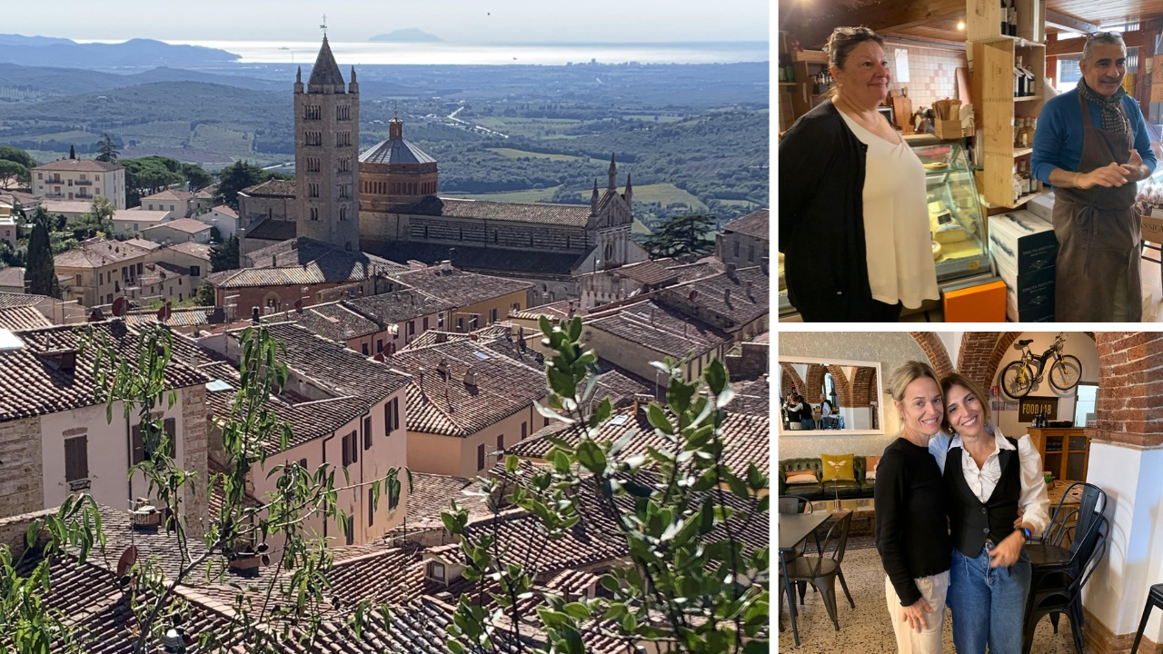 A sx una veduta di Massa Marittima, a dx dall'alto Monica e Magdi Lamey e Valeria Ricchiuti e Carlotta Poggiaroni