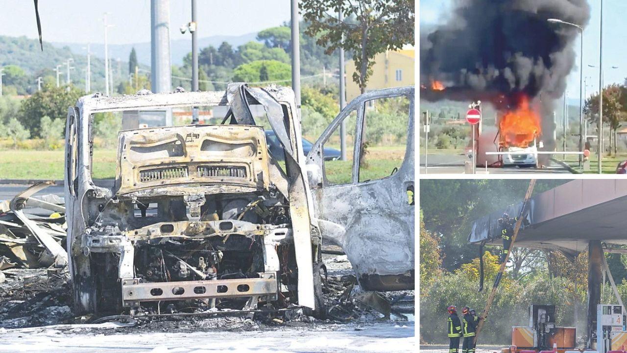 
	Il camper distrutto dalle fiamme e i danni al distributore (fotoservizio Lorenzo Manzini)

