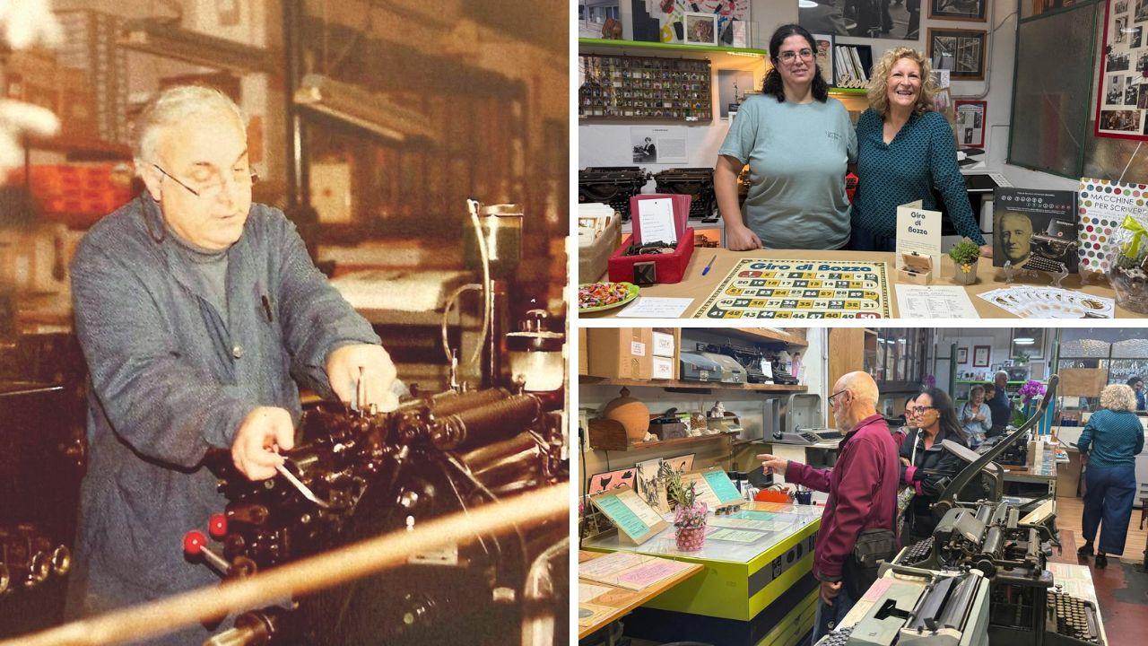 Renato Rossi al lavoro, a dx Francesca Carducci ed Elena Rossi, titolari della Tipografia Rossi in via Roma