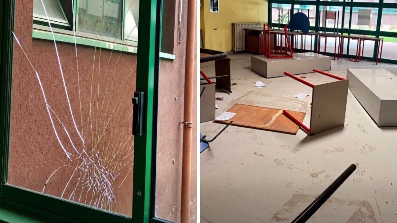 
	Il vetro di una finestra spaccato durante il raid vandalico, a dx sedie e arredi danneggiati

