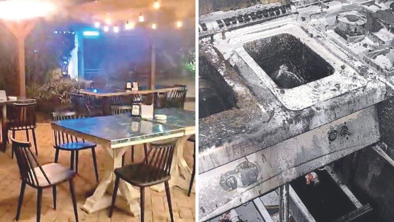 Un momento dell'incendio e la cucina bruciata 