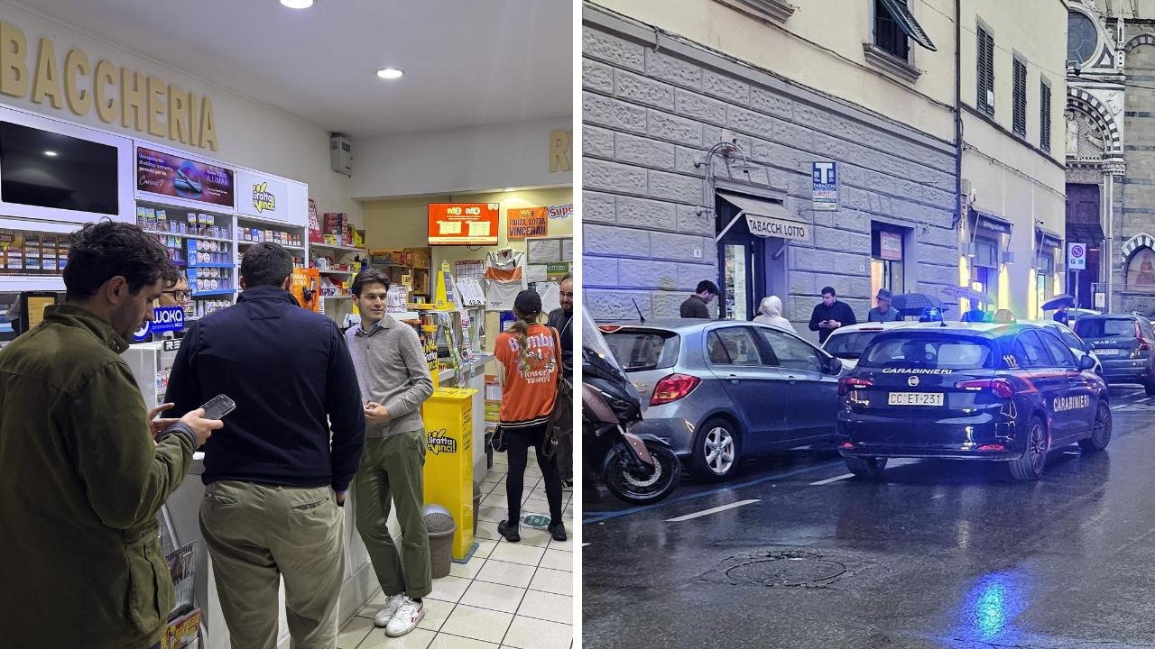 La tabaccheria in questione con il giovane che ha aiutato la titolare e l'arrivo dei carabinieri (foto Nucci)