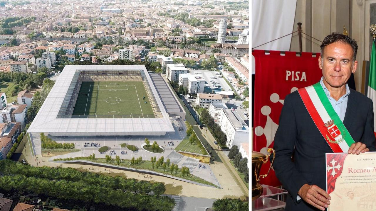
	Il render dell'Arena Garibaldi ristrutturato e il sindaco di Pisa Conti&nbsp;

