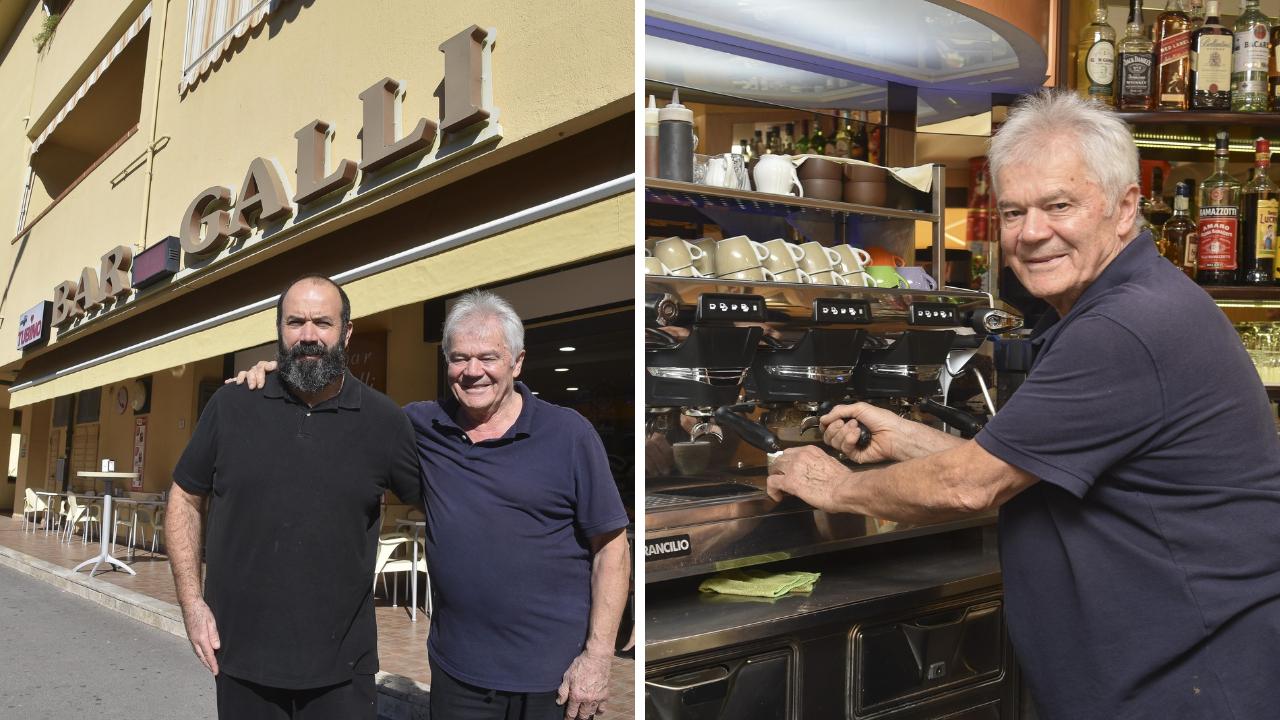 Rinaldo e Michele Galli davanti al loro bar e Rinaldo alla macchina del caffè