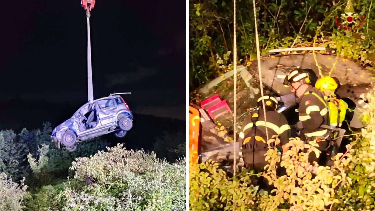 L'auto dopo lo schianto e il lavoro dei vigili del fuoco (Foto: vigili del fuoco)
