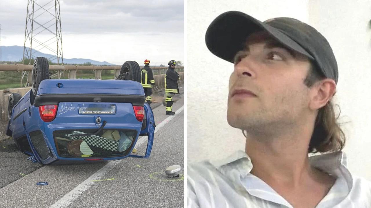 L'auto dopo l'incidente e a destra la vittima 27enne (Foto Stick)