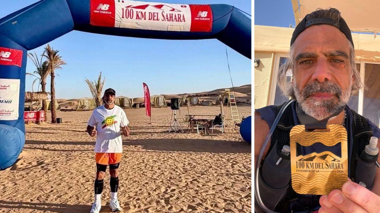 Stefano Giovanneschi nel Sahara; a dx il maratoneta dopo aver concluso la gara
