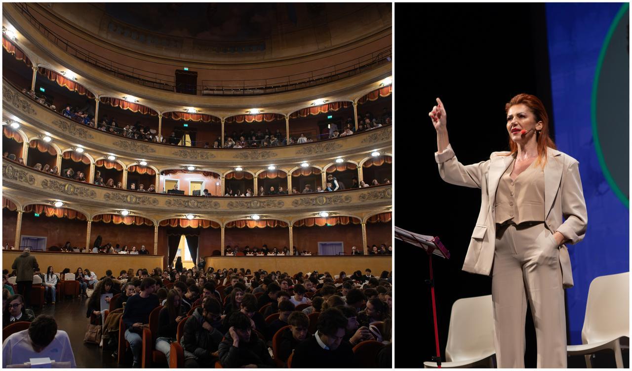 
	Il teatro Storchi gremito e, a destra, Gabriella Greison

