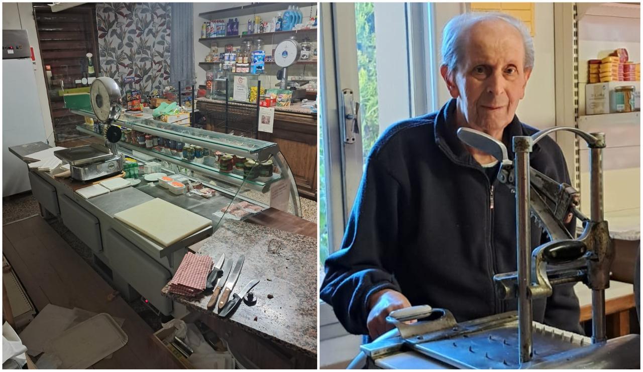 La bottega sottosopra e di fianco Silvano Bortolani, scomparso a fine giugno, con la sua affettatrice