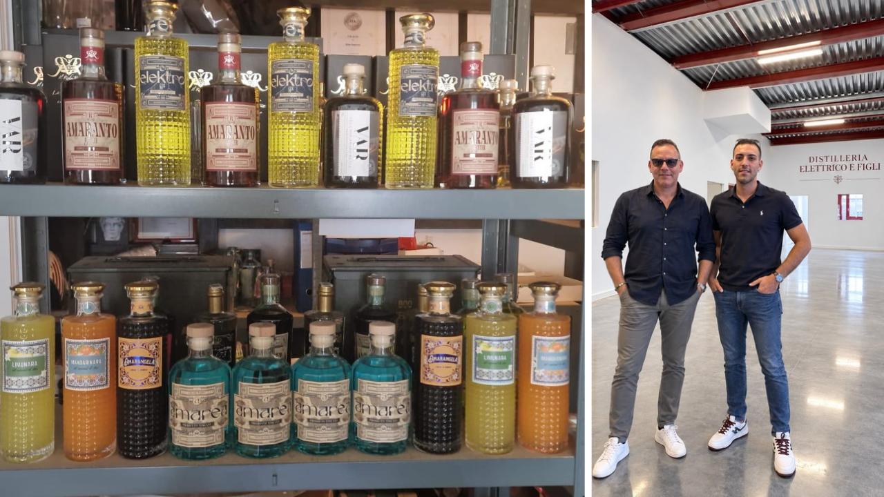 Una selezione dei prodotti della Distilleria Elettrico, a destra il titolare Fabio Elettrico e il figlio Pier Cristian 