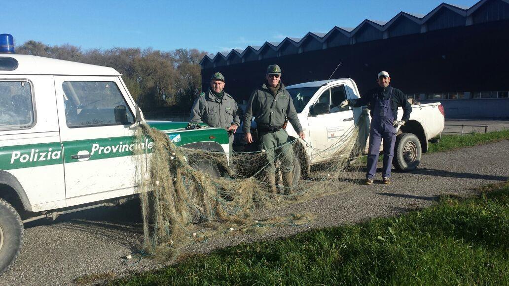 Gli ispettori della polizia provinciale con le reti sequestrate
