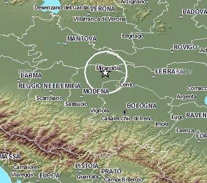 Scossa di terremoto, epicentro a Mirandola: magnitudo 3,2