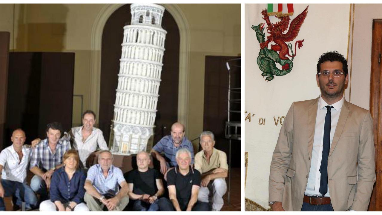 La torre in alabastro e a sinistra l'assessore Gianni Baruffa
