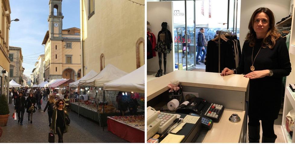 Gente su corso Matteotti per gli acquisti di Natale e, accanto, Annalisa Vannucci del negozio “MMilano” (foto di Franco Silvi) 