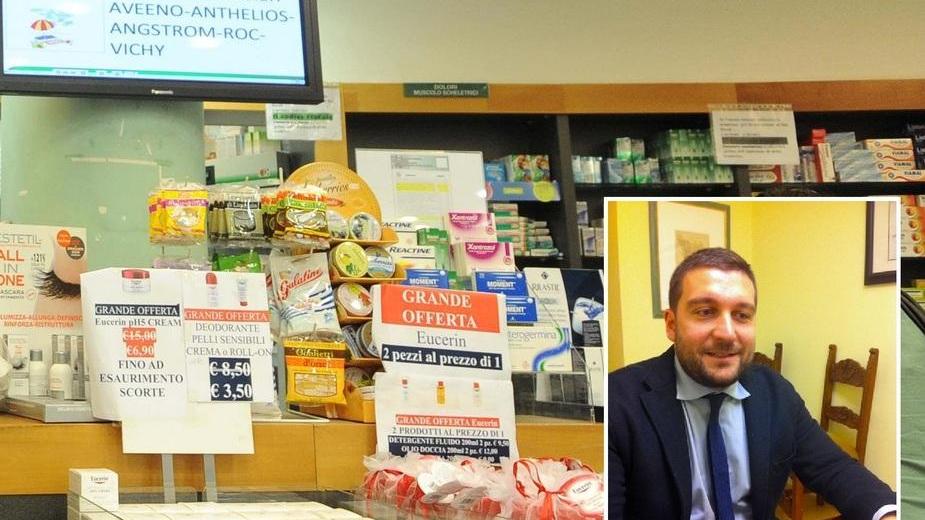 L’interno di una farmacia e nel riquadro il presidente del cda, l’avvocato Alessandro Bocchi