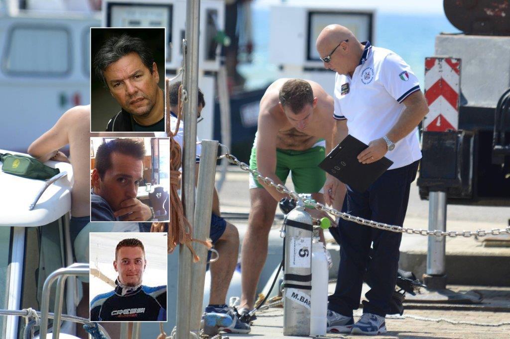 Dall'alto le tre vittime, Giaimo, Cioli e Trevani, con una delle bombole sequestrate dalla guardia costiera (foto Bf)