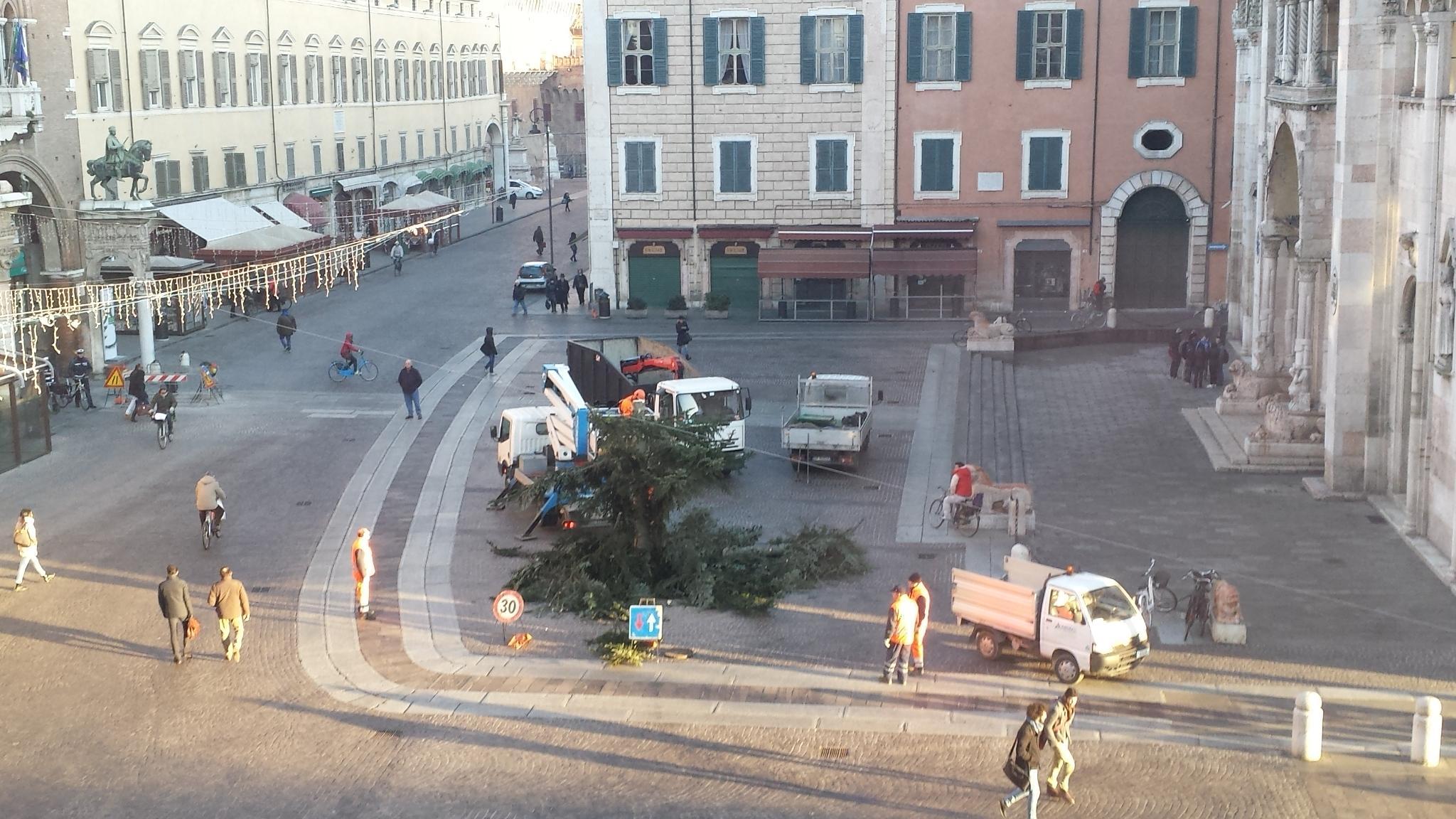 Il taglio per la rimozione dell'albero di Natale in piazza Cattedrale