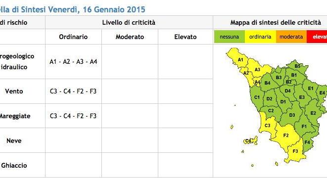 La mappa del maltempo diffusa dalla Regione